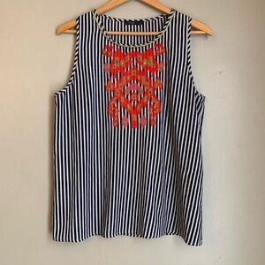 Anthropologie THML Tank Top Large Striped Embroidery Business Casual Office